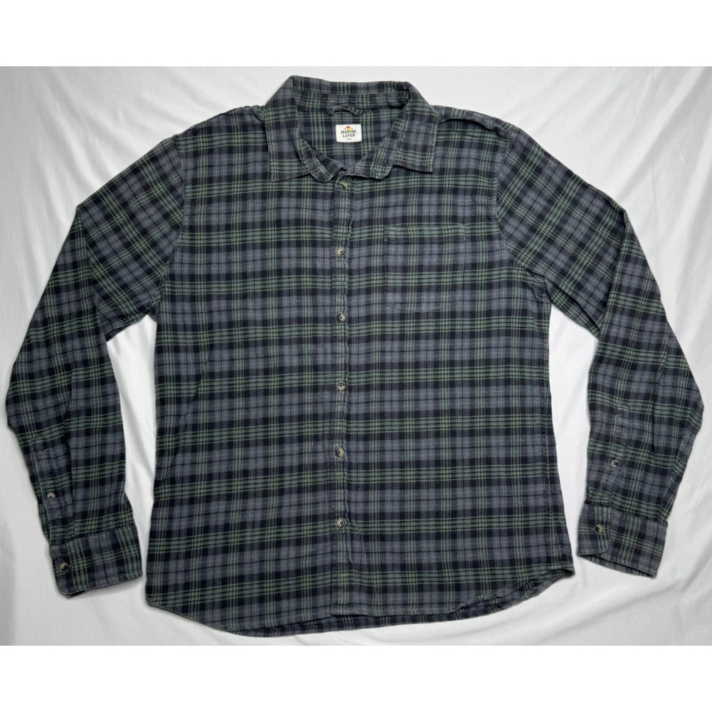 Marine Layer Mens Large Green Plaid Flannel Button Down Shirt Stretch Cotton